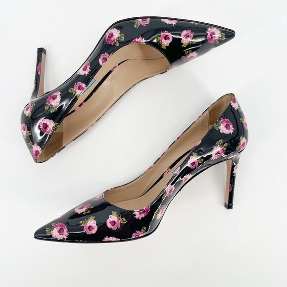 Prada Black Pink Patent Leather Rose Floral Print Pointed Toe Pump Heel IT 37 - Picture 4 of 12